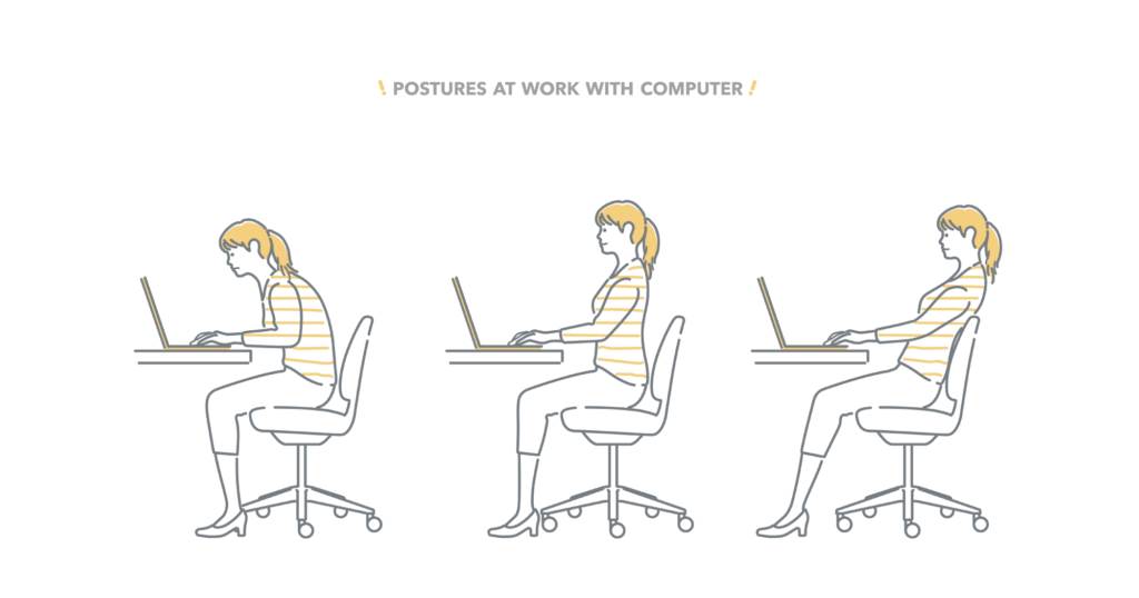 デスクに座る女性のイラスト悪い姿勢と良い姿勢が並んでる