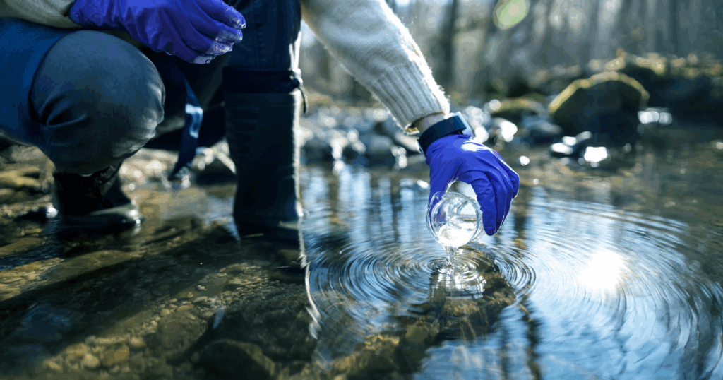 湧水をビーカーで採取している様子